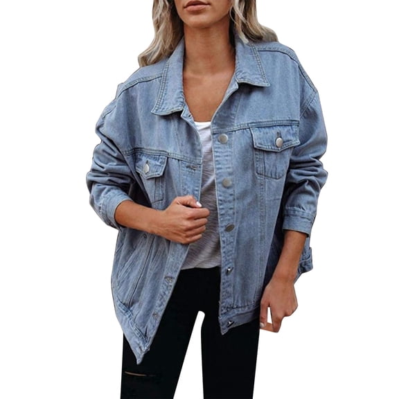 Cnbwig Women's Trendy Jackets Solid Color Denim Jacket with Collar Washed Long Sleeve Oversize Button Down Coat Jean Vintage Coats 2025 Fall Fashion Outfits A-Blue XXL