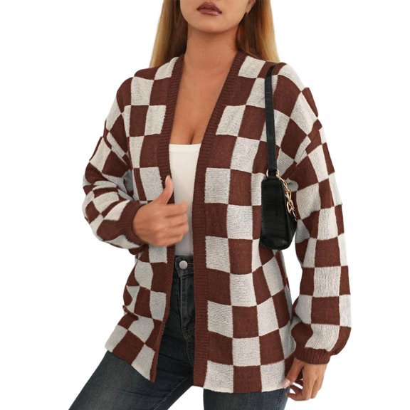 Cnbwig Womens Cardigan Open Front Casual Sweater Plaid Printed Oversized Knit Chunky Knit Soft Coat Warm Fall Winter Outerwear Trendy Fall Shirts Fashion Coats A-Coffee S