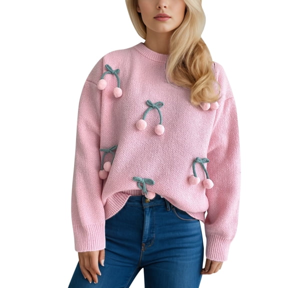 Cnbwig Womens Cardigan Open Front Casual Winter Thick Solid Color Warm Pullover Sweater with Solid Color and 3D Cherry Knitted Sweatshirt Tops Fashion Cardigans A-Pink M