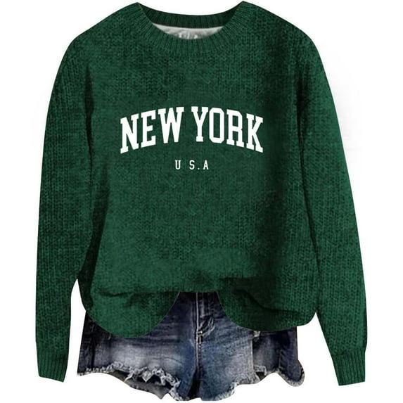 Cnbwig Womens Cardigan Sweaters Autumn and Winter Letter Printed Round Neck Hoodless Drop Shoulder Long Sleeved Pullover Sweaters Winter Sweaters for Women A-Dark Green S