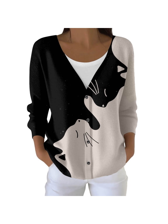 Womens Cardigan Sweaters Elegant Long Sleeve Jacket Knit Cardigan Sweater Cat Knitted Coat for Autumn Winter Outerwear Cute Sweaters Ladies Shirts C-Black 3XL