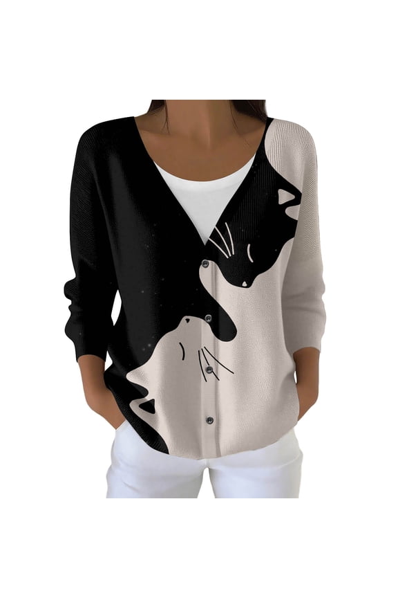 Womens Cardigan Sweaters Elegant Long Sleeve Jacket Knit Cardigan Sweater Cat Knitted Coat for Autumn Winter Outerwear Cute Sweaters Ladies Shirts C-Black L
