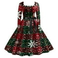 thumbnail image 1 of Cnbwig Womens Christmas Dress Christmas Reindeer Printed Classic Tea Dress Long Sleeve Square Neck Gown with Belt Swing Party Dresses A-Army Green L, 1 of 2