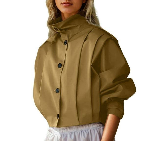 Cnbwig Womens' Cold Wear Jackets Denim Jacket Stylish Long Sleeve Lapel Solid Color High Neck Button Coat with Pleated Cropped Tops Trendy Fall Coat Outerwear A-Green M