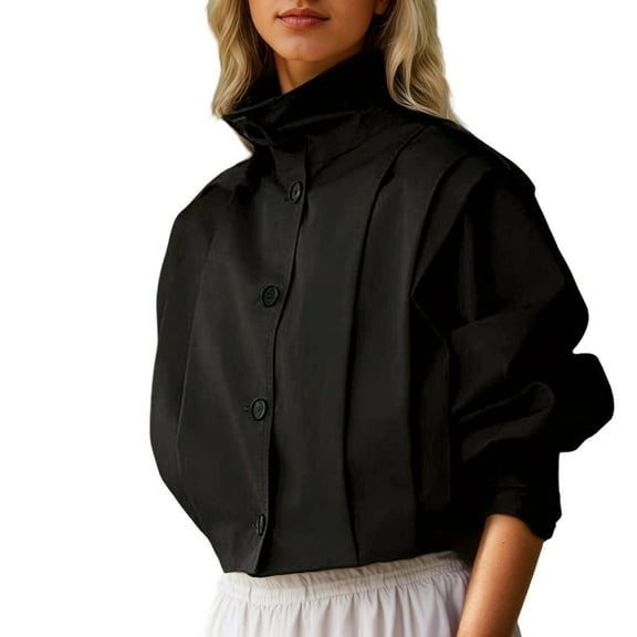 Cnbwig Womens' Cold Wear Jackets Denim Jacket Stylish Long Sleeve Lapel Solid Color High Neck Button Coat with Pleated Cropped Tops Trendy Fall Coat Outerwear A-Black S