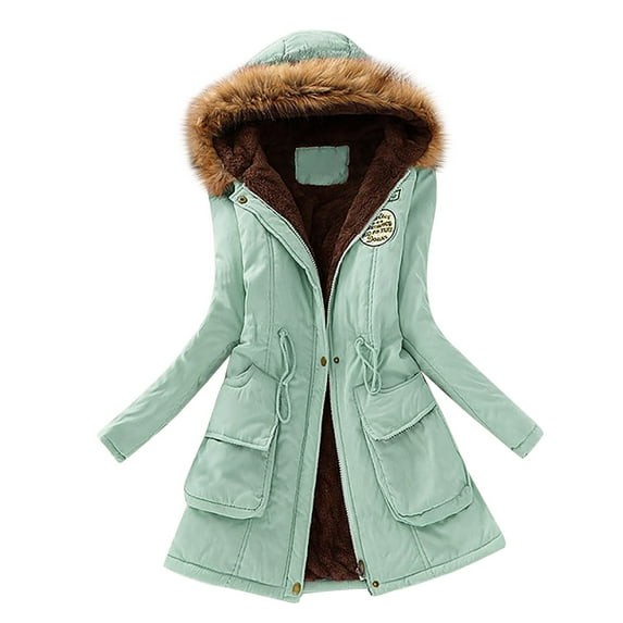 Cnbwig Womens' Cold Wear Jackets Solid Color Long Sleeve Warm Padded Jacket Top Thick Hooded Mid Length Winter Outwear Jackets 2025 Fashion Outerwear A-Light Green M