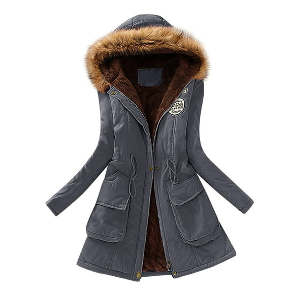 Cnbwig Womens' Cold Wear Jackets Solid Color Long Sleeve Warm Padded Jacket Top Thick Hooded Mid Length Winter Outwear Jackets 2025 Fashion Outerwear A-Dark Gray 3XL