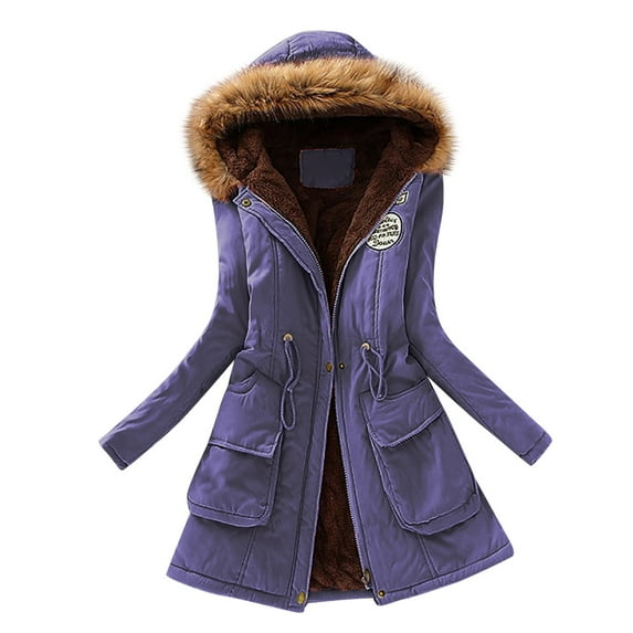 Cnbwig Womens' Cold Wear Jackets Solid Color Long Sleeve Warm Padded Jacket Top Thick Hooded Mid Length Winter Outwear Jackets 2025 Fashion Outerwear A-BU1 L