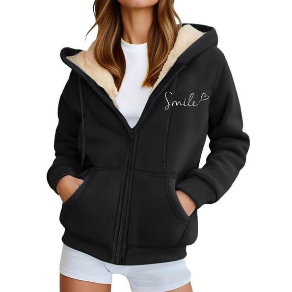 Cnbwig Womens Hoodies Casual Sweatshirts Solid Color Zip Up Fleece Hoodie Letter Print Winter Jacket with Pocket Thick Warm for Outdoor Sports Streetwear Coat for Ladies Hoodies Black XXXL