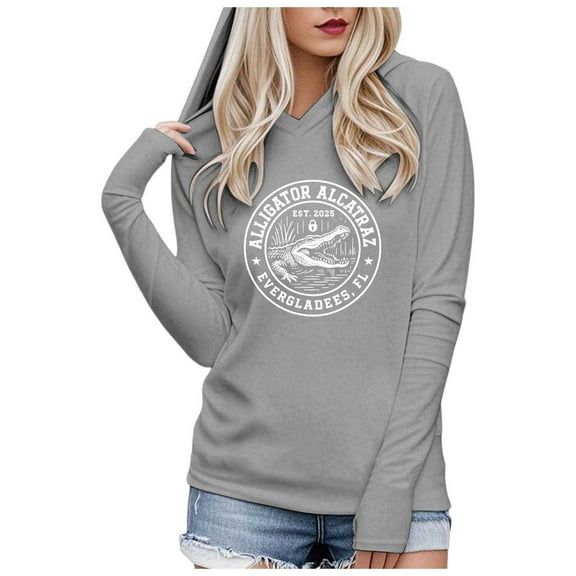 Cnbwig Womens Hoodies Pullover Tops Long Sleeve Crocodile Graphic Printed Loose Hooded Winter Comfort Wear Fall Jacket Causal Winter Coat Grey XL