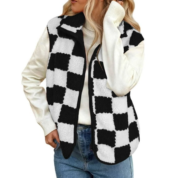 Cnbwig Womens Jackets Casual Coats Loose Square Checkered Zipper Cardigan Vest Warm Sleeveless Retro Coat Thick Winter Wear Coat Trendy Streetwear Outerwear A-Black XXL