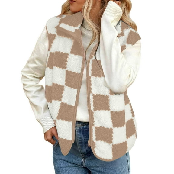 Cnbwig Womens Jackets Casual Coats Loose Square Checkered Zipper Cardigan Vest Warm Sleeveless Retro Coat Thick Winter Wear Coat Trendy Streetwear Outerwear A-Beige L