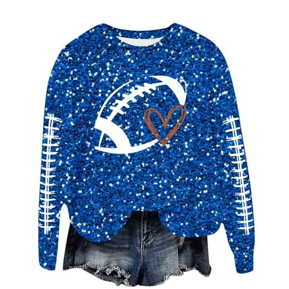 Cnbwig Womens Oversized Hoodies Sweatshirts Long Sleeve Crewneck Football Glitter Print Pullover Sequins Loose Winter Soft Blouse Sweaters Winter Fall Outfits Y2K Clothes A7-Blue S