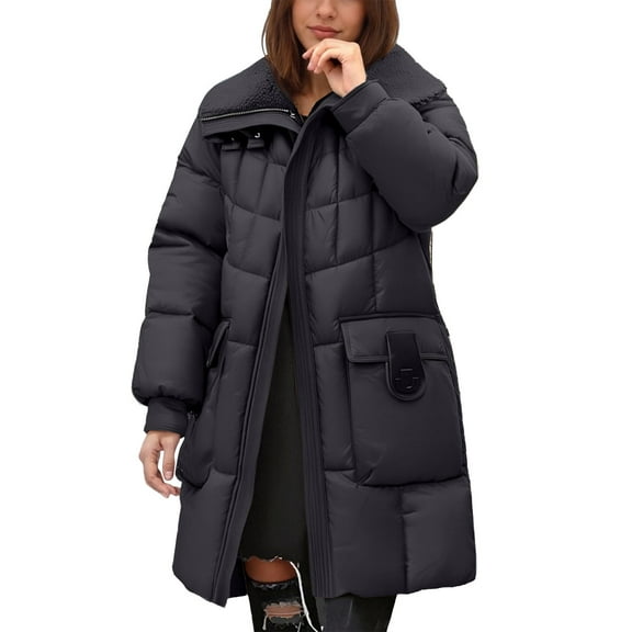 Cnbwig Womens Parkas Warm Jackets Winter Thickened Warm Lamb Mid Length Padded Coat Sherpa Jacket Solid Color Outerwear Hood with Pockets Classic-Fit Soft Jackets Overcoat Black L
