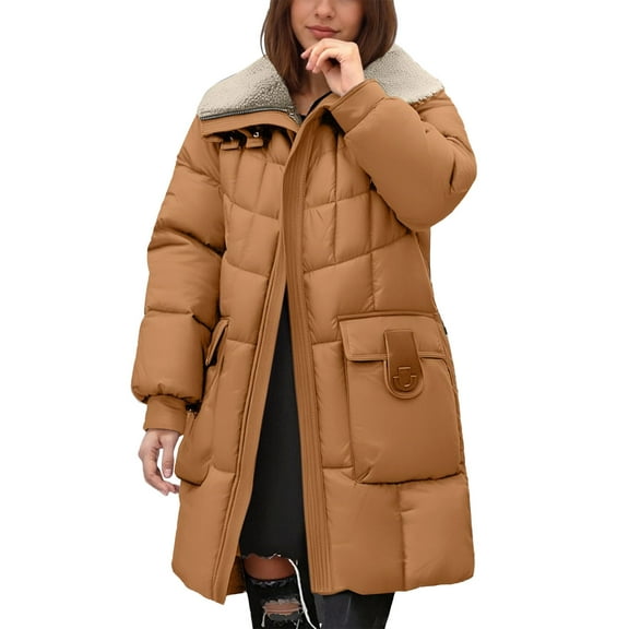 Cnbwig Womens Parkas Warm Jackets Winter Thickened Warm Lamb Mid Length Padded Coat Sherpa Jacket Solid Color Outerwear Hood with Pockets Classic-Fit Soft Jackets Overcoat Orange L