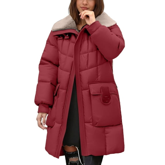 Cnbwig Womens Parkas Warm Jackets Winter Thickened Warm Lamb Mid Length Padded Coat Sherpa Jacket Solid Color Outerwear Hood with Pockets Classic-Fit Soft Jackets Overcoat Red M