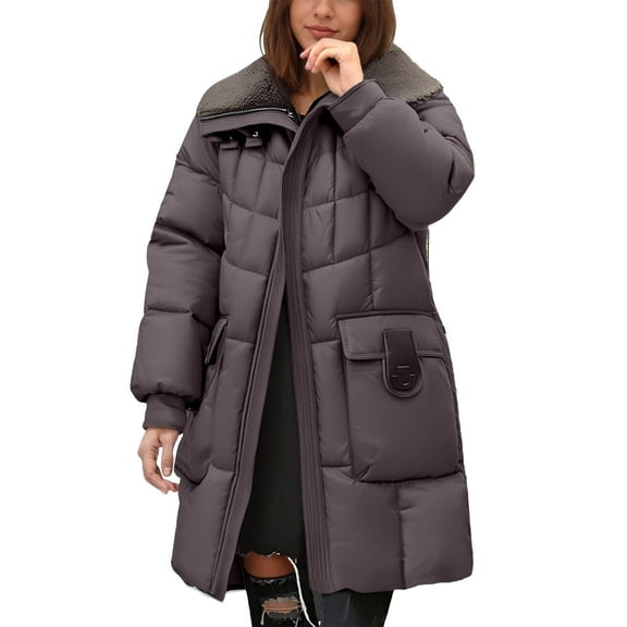 Cnbwig Womens Parkas Warm Jackets Winter Thickened Warm Lamb Mid Length Padded Coat Sherpa Jacket Solid Color Outerwear Hood with Pockets Classic-Fit Soft Jackets Overcoat Brown L