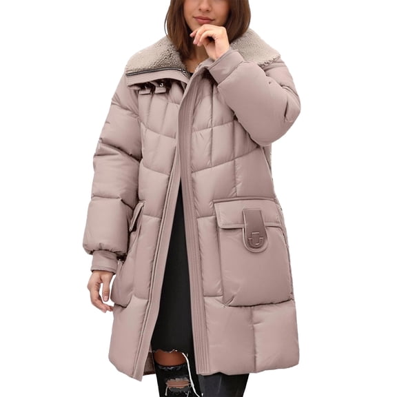 Cnbwig Womens Parkas Warm Jackets Winter Thickened Warm Lamb Mid Length Padded Coat Sherpa Jacket Solid Color Outerwear Hood with Pockets Classic-Fit Soft Jackets Overcoat Khaki L