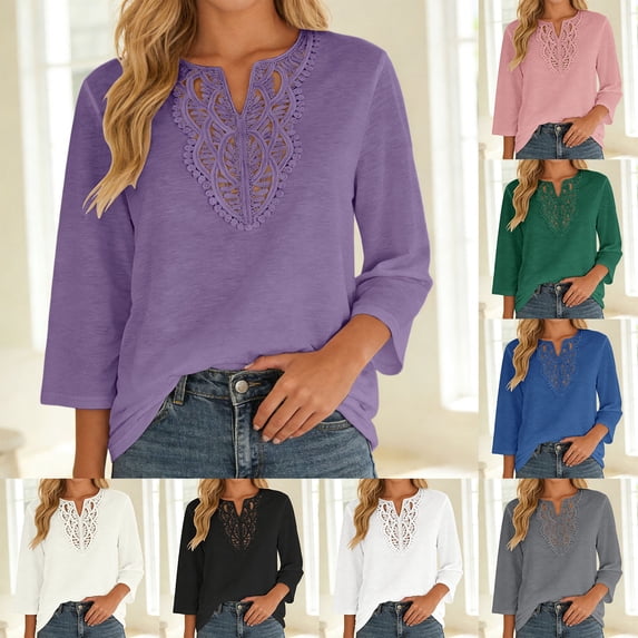 Cnbwig Womens Shirts Lace Trim Loose Fit Casual Solid Color 3/4 Sleeve Blouse V Neck Elegant Top for Everyday Comfort