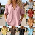 thumbnail image 1 of Cnbwig Womens Shirts Linen Blend V Neck Tee Shirt Casual Long Sleeve Solid Color Tops Blouse with Collar Breathable for Everyday Wear, 1 of 6