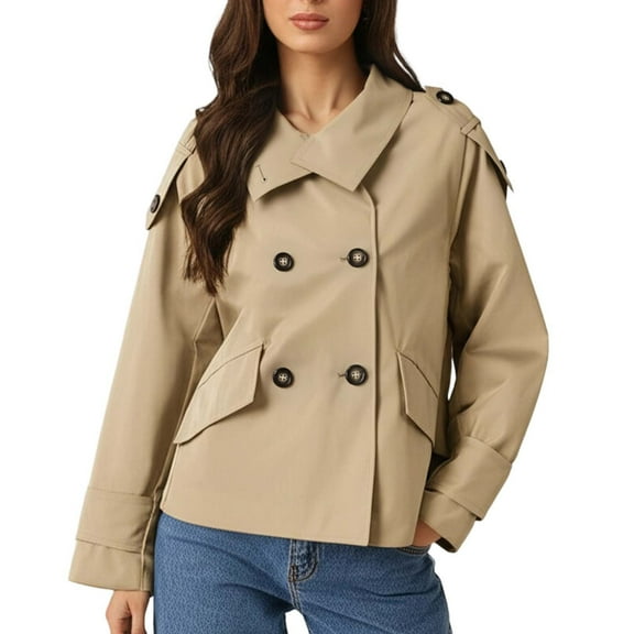 Cnbwig Womens Short Trench Coat,Oversized Double Stand Collar Solid Color Cropped Jacket,Casual Work Outerwear Z3-Khaki L