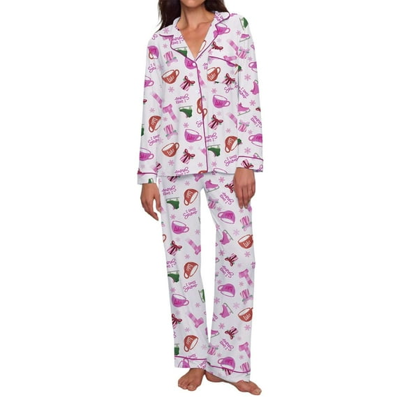 Cnbwig Womens Sleepwear Suits 2 Pieces Pjs Sets Christmas Pink Cups Printed Soft Long Sleeve Top with Loose Long Pants Cozy Loungewear Holiday Womens Pajama Sets, Sleep Clothes for Women F-Pink M
