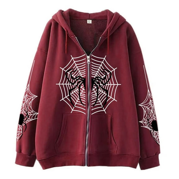 Cnbwig Womens Sweatshirt Spider Print Zip Up Hoodie Retro Y2K Drop Shoulder Streetwear Sweatshirt with Hood Daily Jacket Hoodies Shirts Fashion Sweatshirts A- L