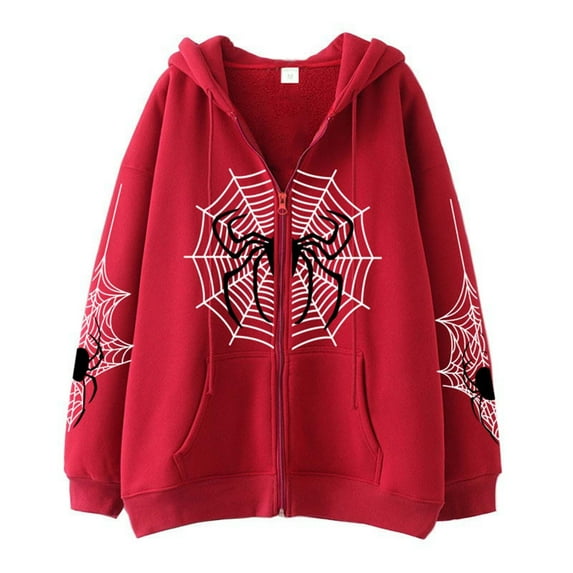 Cnbwig Womens Sweatshirt Spider Print Zip Up Hoodie Retro Y2K Drop Shoulder Streetwear Sweatshirt with Hood Daily Jacket Hoodies Shirts Fashion Sweatshirts A-Red XXXL