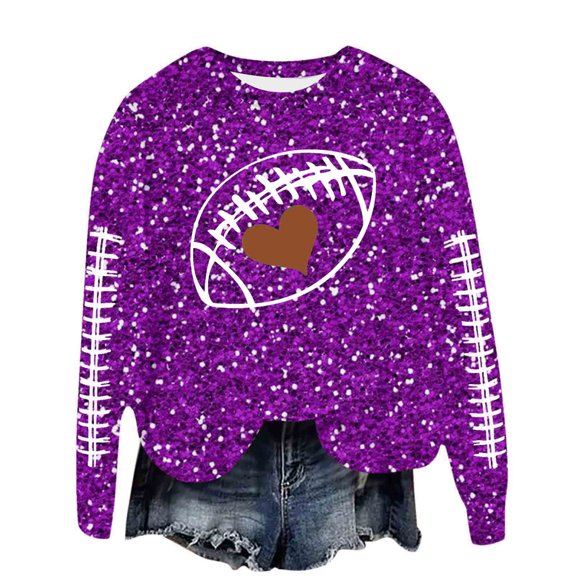 Cnbwig Womens Sweatshirts Hoodies Sweaters Long Sleeve Crewneck Sweatshirt Football Glitter Print Sequins Loose Winter Top Soft Blouse Sweaters Fall Winter Tops Girls Preppy A29-Purple L