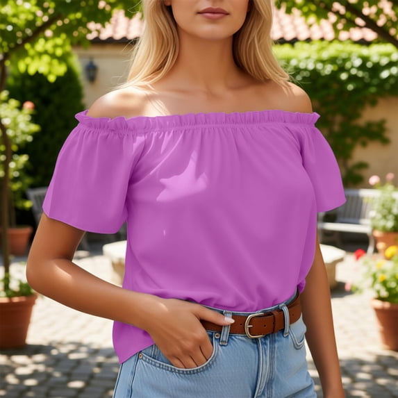 Cnbwig Womens Tops Off Shoulder Blouse Elegant Ruffle Hem Solid Color T Shirt Casual Summer with Flowy Short Sleeves