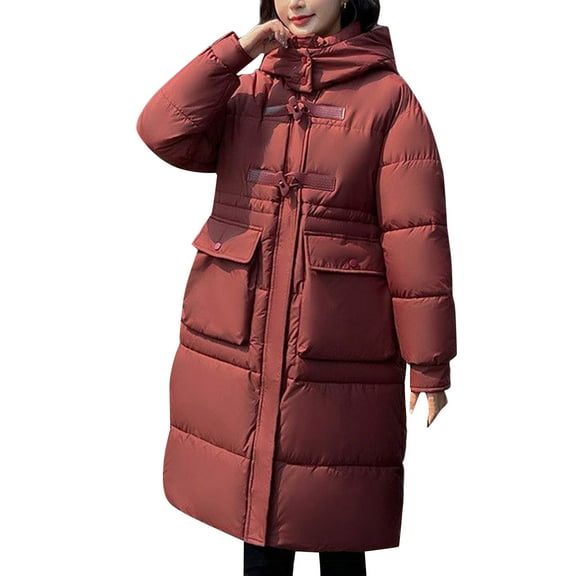 Cnbwig Womens' Trendy Parkas Winter Long Padded Coat Oversized Knee Length Warm Down Jacket Alternative Solid Color Thick with Hood Winter Coat Warm Parka Red XL