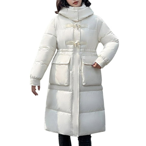 Cnbwig Womens' Trendy Parkas Winter Long Padded Coat Oversized Knee Length Warm Down Jacket Alternative Solid Color Thick with Hood Winter Coat Warm Parka White M