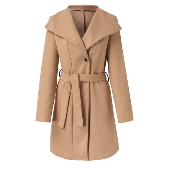 Cnbwig Womens Winter Coats Double Breasted Coat Mid Long Solid Color Button Coat Woolen Thick Warm with Belt Coats Warm Casual Outwear A-Khaki M