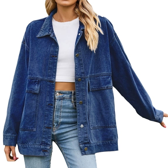 Cnbwig Womens Winter Coats Slim Retro Classic Loose Denim Jacket Washed Solid Color Lapel Jean Coat with Pocket Fashion Jackets and Coats A-Blue L