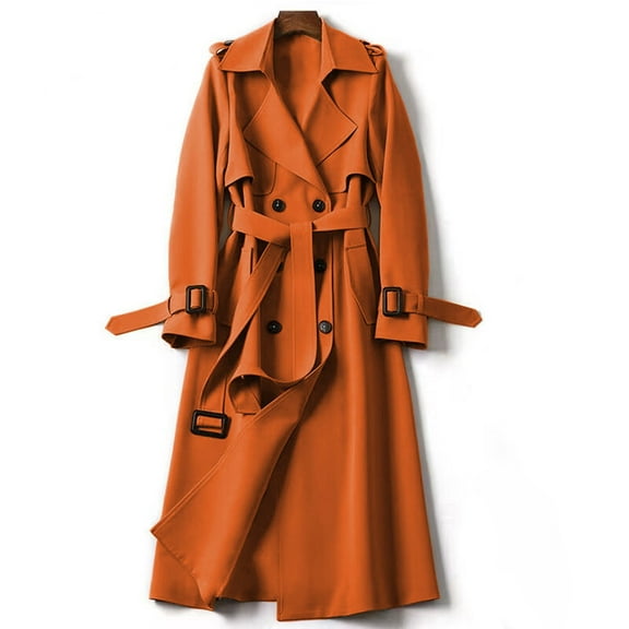 Cnbwig Womens Winter Coats Trench Windbreaker Outerwear Coat Solid Color Long Jacket Cool Elegant Overcoat Slim with Belt Fashion Outwear Causal Coats A-Orange XL