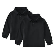 CNUIAEG 2 Pack Boys' Long-Sleeve School Uniform Pique Polo Shirt Spring Soft Casual Polo Shirt,Color Black,Size 2-3 Years