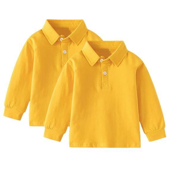 Cnuiaeg 2 Pack Boys' Long-Sleeve School Uniform Pique Polo Shirt Spring Soft Casual Polo Shirt,Color Yellow,Size 3-4 Years