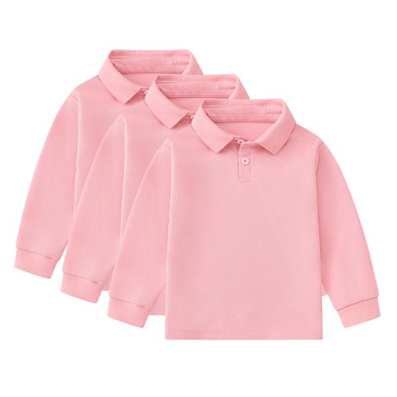 Cnuiaeg 3 Pack Boys' Long-Sleeve School Uniform Pique Polo Shirt Spring Soft Casual Polo Shirt,Color Pink,Size 12-24 Months