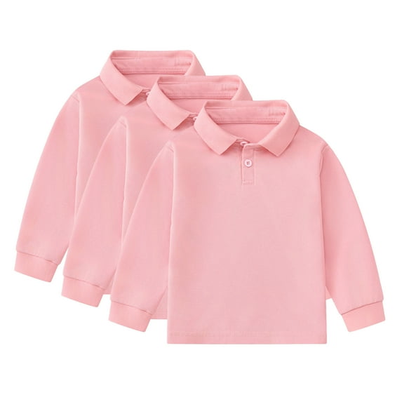 Cnuiaeg 3 Pack Boys' Long-Sleeve School Uniform Pique Polo Shirt Spring Soft Casual Polo Shirt,Color Pink,Size 3-4 Years