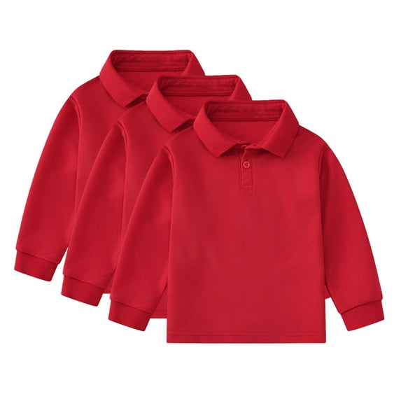 Cnuiaeg 3PCS Boys' Girls Long Sleeve Polo Shirts School Uniform Polo Shirts Comfortable Button Down Shirts,Color Red,Size 11-12 Years