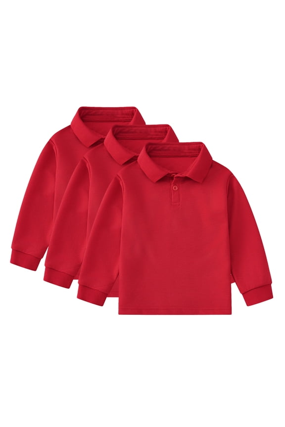 3PCS Boys' Girls Long Sleeve Polo Shirts School Uniform Polo Shirts Comfortable Button Down Shirts,Color Red,Size 7-8 Years