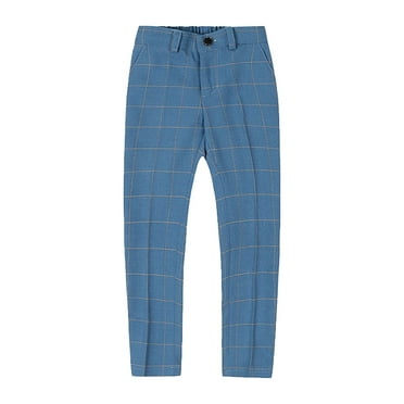 Cnuiaeg Boys' Plaid Dress Pants - Flat Front,Adjustable Waist for School Outfits,Color Sky Blue,Size 9-10 Years