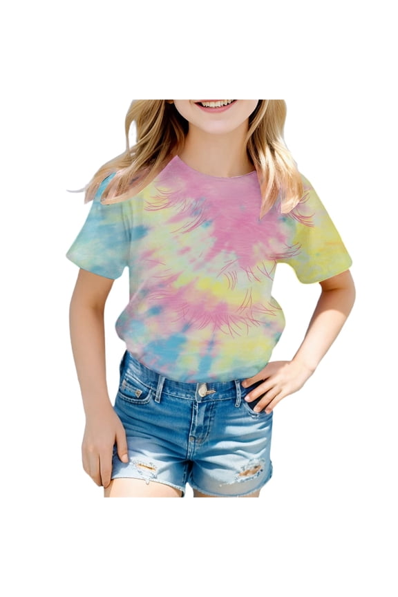Cnuiaeg Cute Shirts Girls' Tie Dye Print Short Sleeve T Shirt Summer Fashion Casual Round Neck Tee for Toddler & Kids Size:3-4 Years