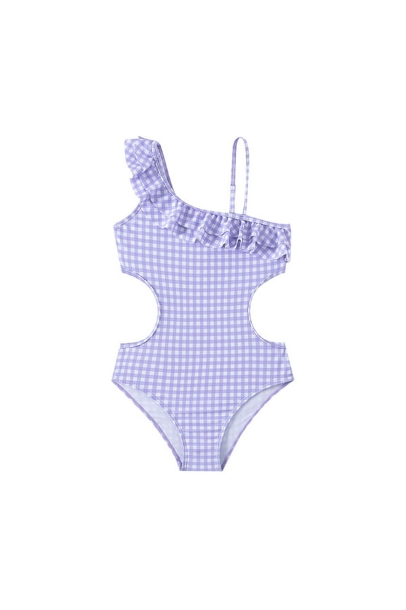 Girls' One Shoulder Ruffle Swimsuits - Plaid Bathing Suit for Kids,Color ,Size 5-6 Years