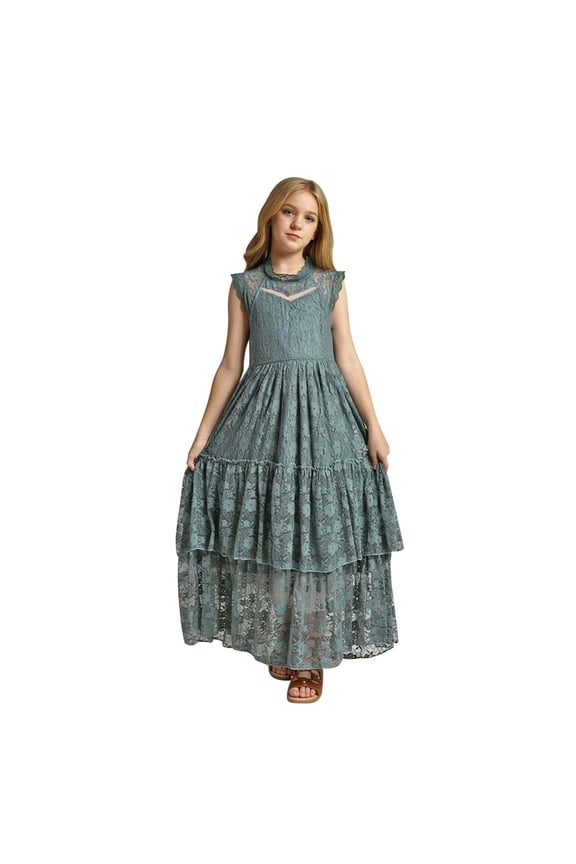 Girls Sleeveless Lace Maxi Dress with Ruffled Layers,Color Dark Green,Size 3-4 Years