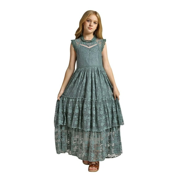 Cnuiaeg Girls Sleeveless Lace Maxi Dress with Ruffled Layers,Color Dark Green,Size 3-4 Years