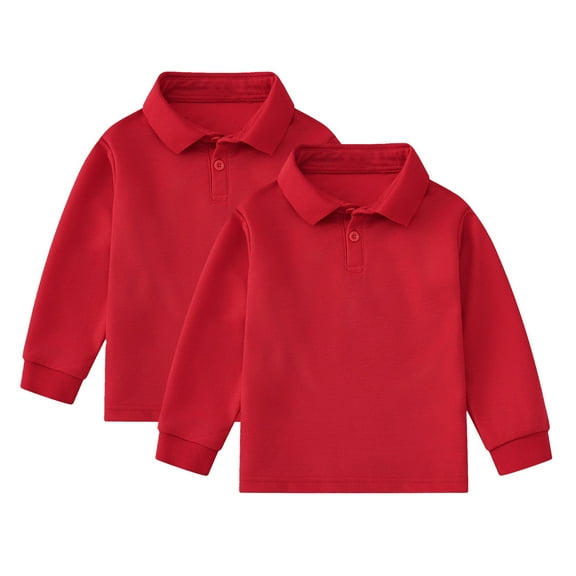 Cnuiaeg Kids' 2-Pack Spring Long Sleeve Polo Shirts, Cotton Blend Solid Casual Tops for Everyday Wear,Color Red,Size 2-3 Years