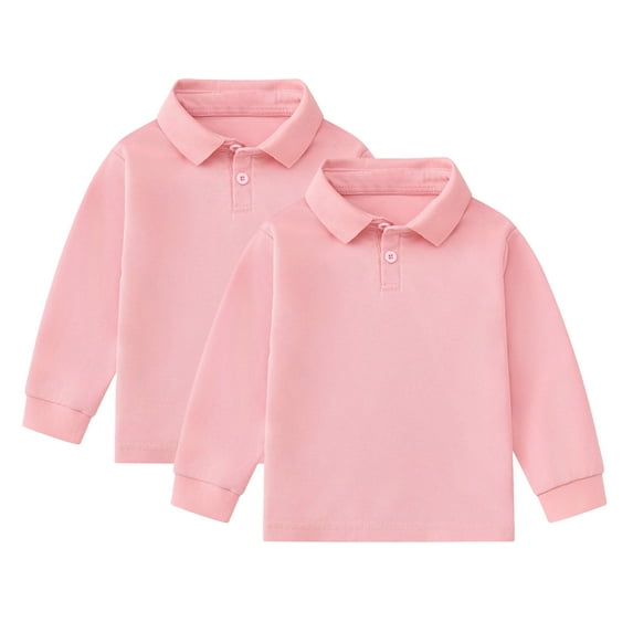 Cnuiaeg Kids' Cotton-Blend Solid Color Polo Set 2-Pack Long Sleeve Spring Shirts,Color Pink,Size 5-6 Years