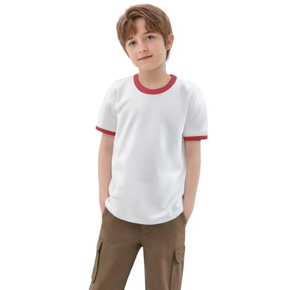 Cnuiaeg Kids' Short - Sleeve T-Shirt,Base with Stylish Contrast Collar and Cuffs,Color Watermelon Red,Size 3-4 Years