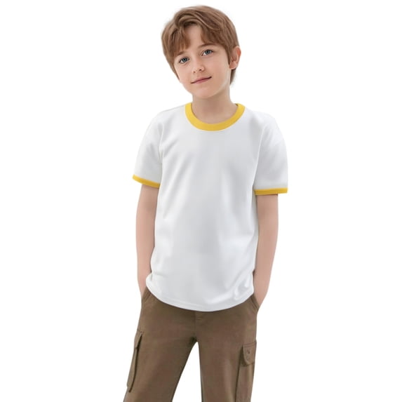 Cnuiaeg Kids' Short - Sleeve T-Shirt,Base with Stylish Contrast Collar and Cuffs,Color Yellow,Size 8-9 Years